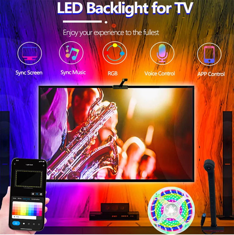 TV LED Backlight with AR Camera Color Gamut Sensor RGBIC Light Music Sync Strip For 55-85 Inch Monitors Light linkage Ambilight