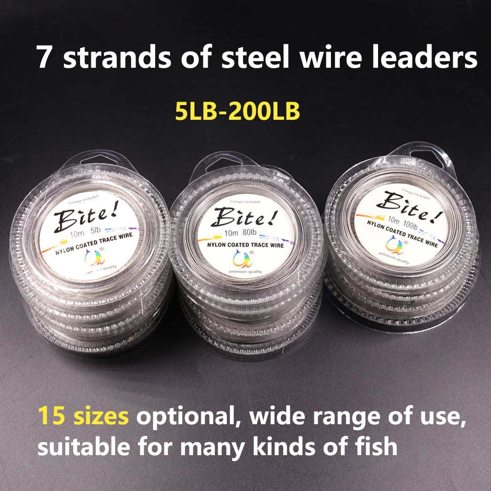 Cable de nailon recubierto de 7 hebras, 10 m, 5 lb a 200 lb, alambre de acero trenzado con revestimiento de líder, línea de pesca para jigging, accesorios para aparejos de pesca en el mar