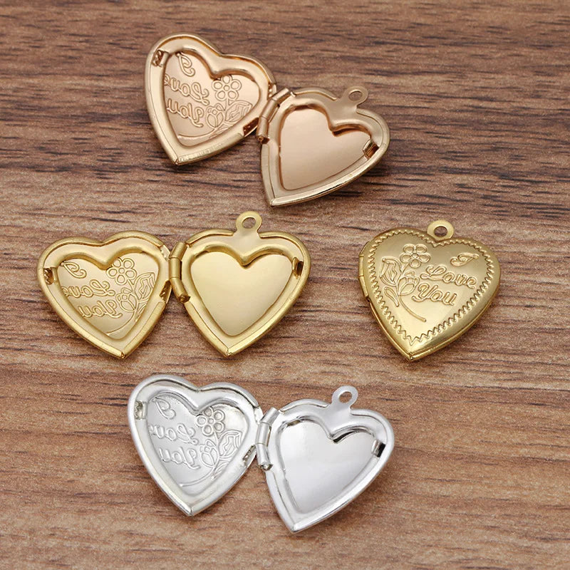 10 piezas de 18*22 mm de metal, latón, chapado en oro o plata, dijes de medallón con forma de corazón, colgante de medallón con foto para hacer joyas