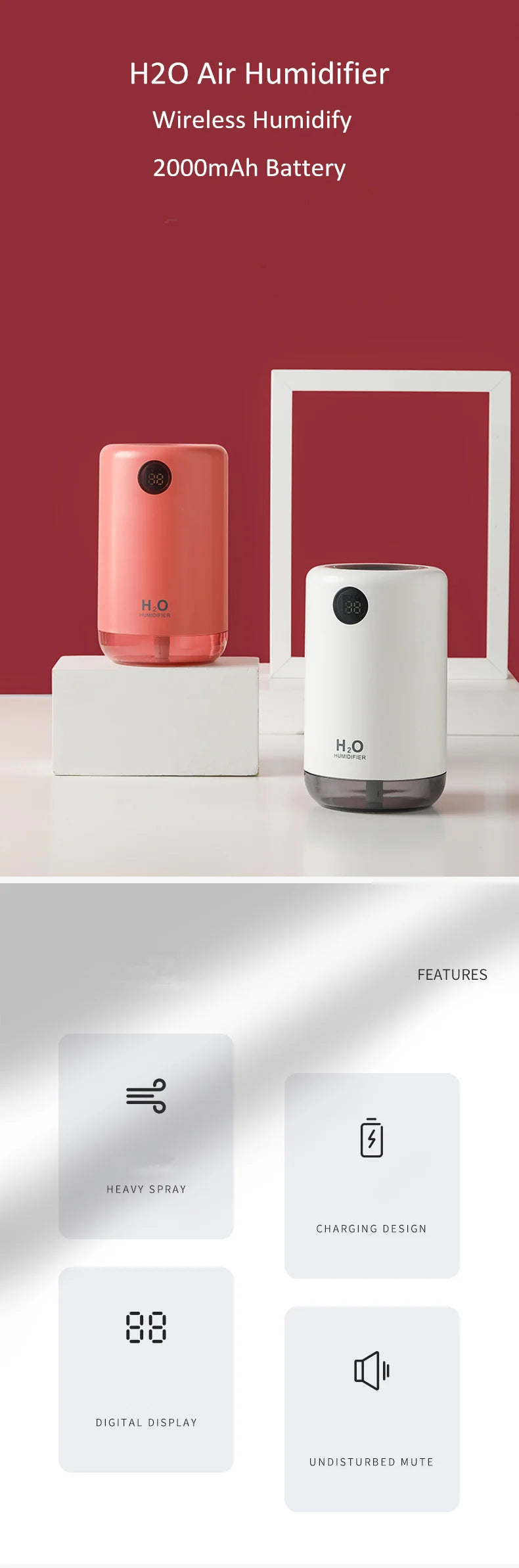 Humidificador de aire ultrasónico inalámbrico, 500 ml, 2000 mAh, portátil, difusor de niebla aromática, batería de larga duración, humidificador de aromaterapia