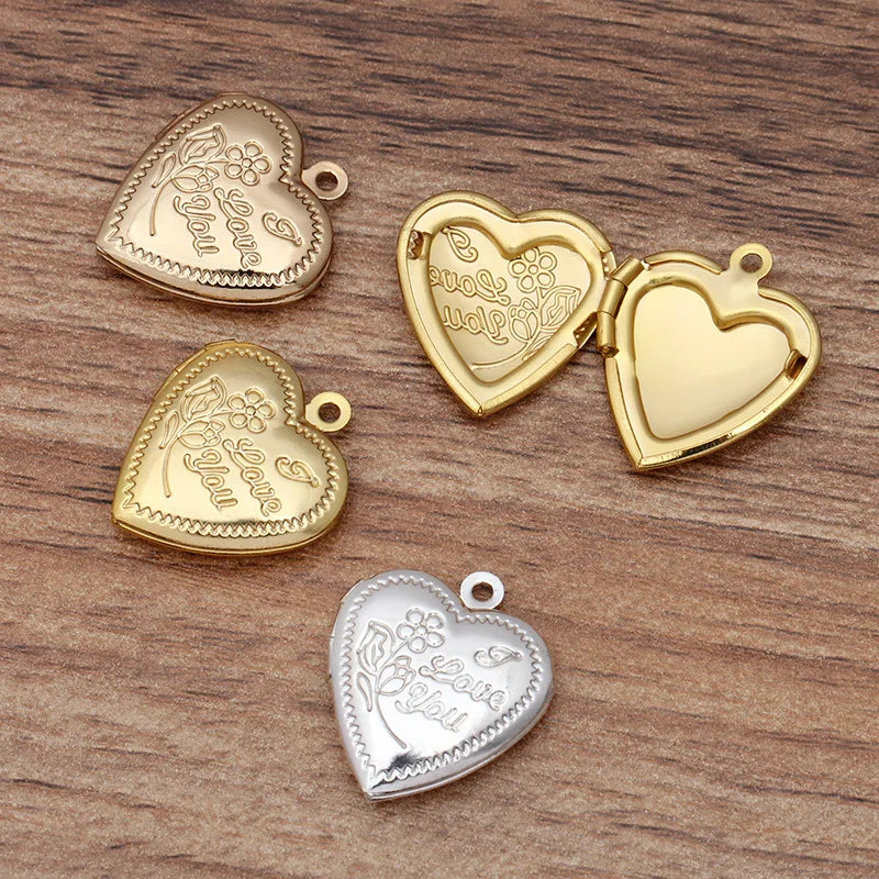 10 piezas de 18*22 mm de metal, latón, chapado en oro o plata, dijes de medallón con forma de corazón, colgante de medallón con foto para hacer joyas