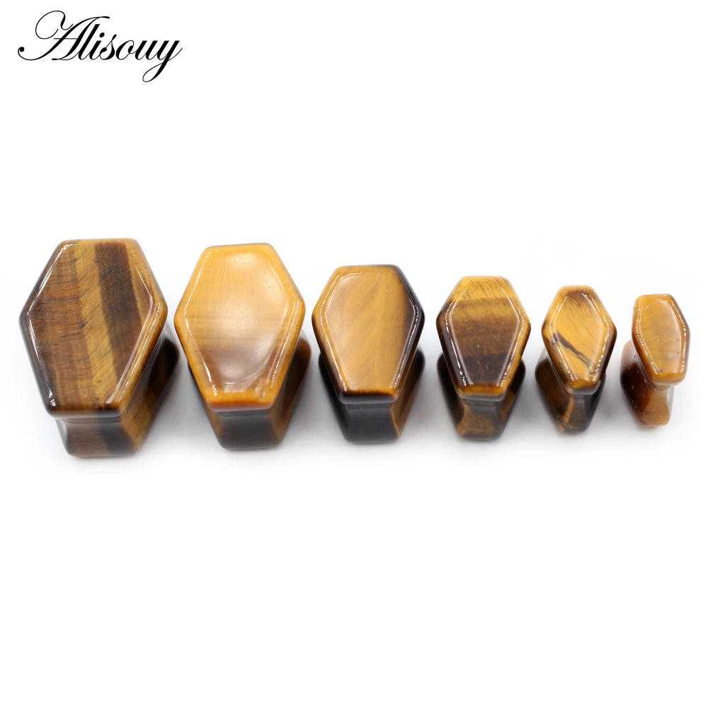Alisouy 2pcs Women Hexagon Coffin Natural Stones Ear Tunnels Plug Flesh Expander Stretcher Gauges Earrings Body Piercing Jewelry
