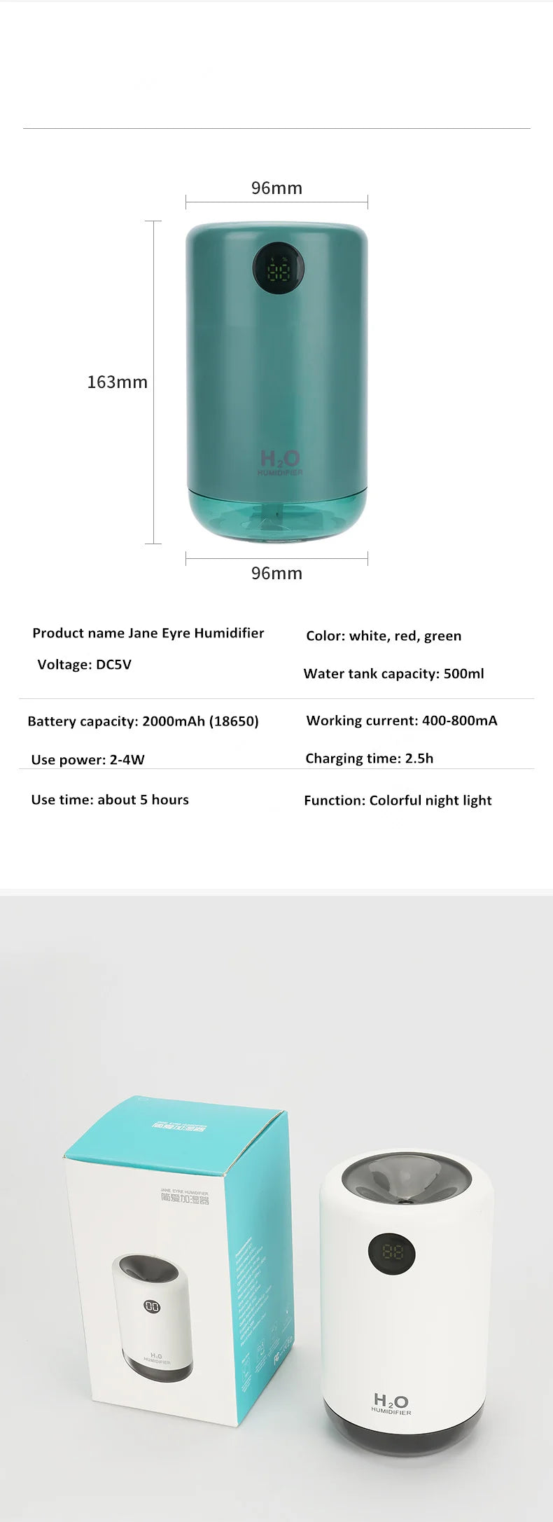 Humidificador de aire ultrasónico inalámbrico, 500 ml, 2000 mAh, portátil, difusor de niebla aromática, batería de larga duración, humidificador de aromaterapia