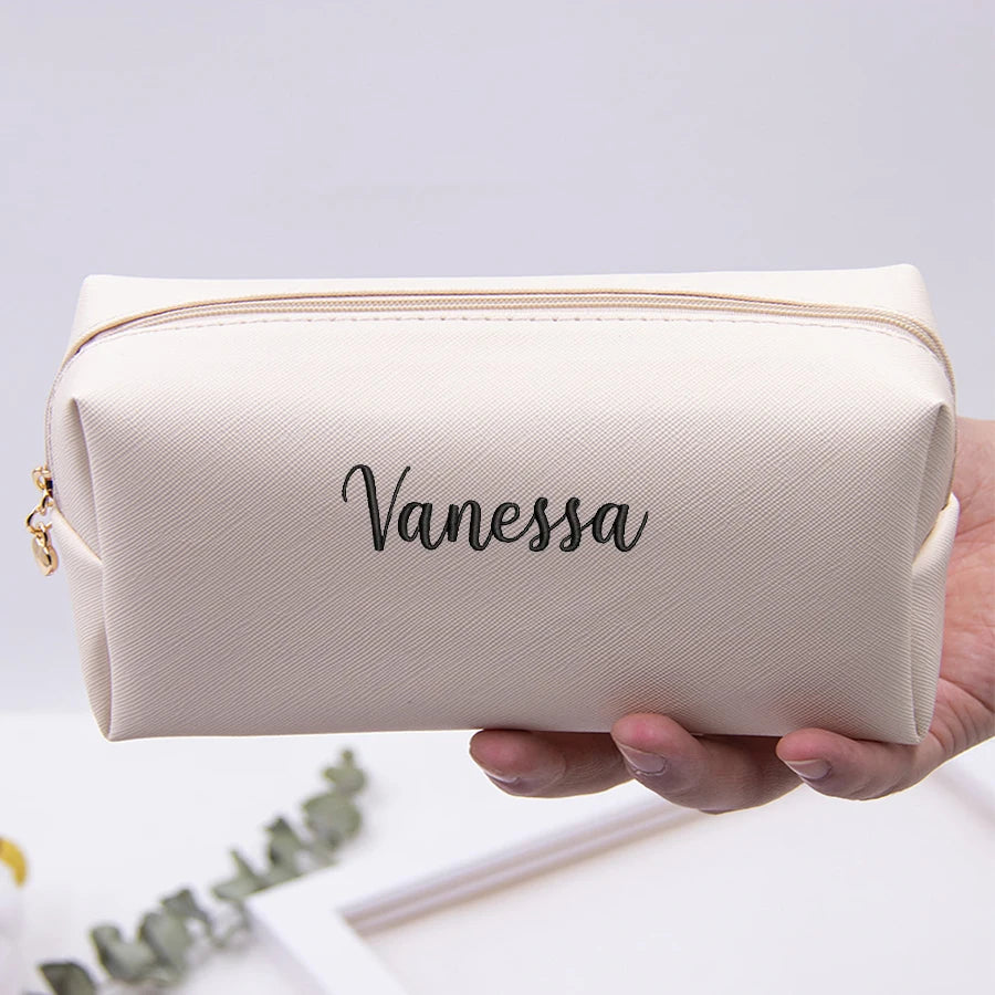 Personalized Embroidery Small Makeup Bag PU Leather Travel Cosmetic Pouch Toiletry Bag for Women Portable Water-Resistant