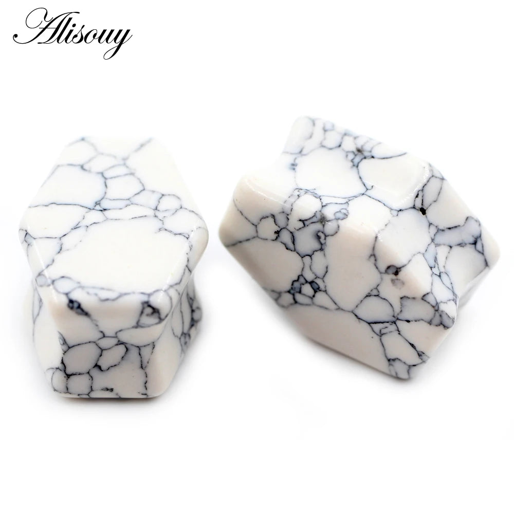 Alisouy 2pcs Women Hexagon Coffin Natural Stones Ear Tunnels Plug Flesh Expander Stretcher Gauges Earrings Body Piercing Jewelry