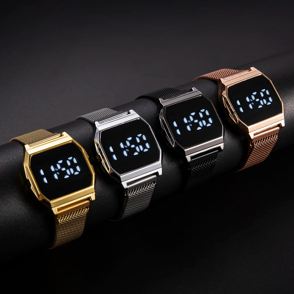 Simple Square LED Watch for Men Women Luxury Gold Men's Digital Watch Metal Mesh Strap Fashion Mens Electronic Watch Male Clock