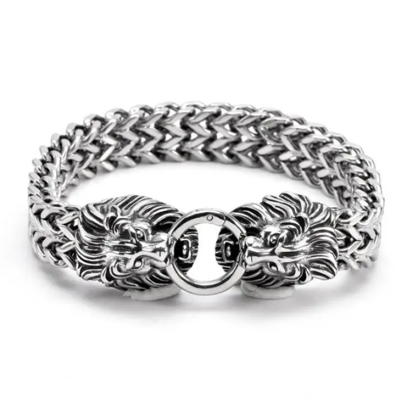 Stainless Steel Nordic Double Wolf Head Bracelet Men\\\'s Retro Punk Mesh Chain Animal Bracelet Hip Hop Rock Trend Jewelry