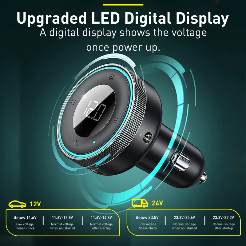 Transmisor FM Baseus para coche, adaptador de música con Bluetooth 5.0, cargador USB dual de 3,4 A, reproductor de MP3, radio, modulador FM