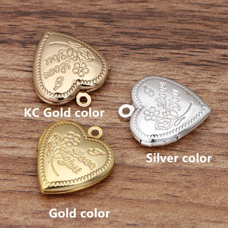 10 piezas de 18*22 mm de metal, latón, chapado en oro o plata, dijes de medallón con forma de corazón, colgante de medallón con foto para hacer joyas