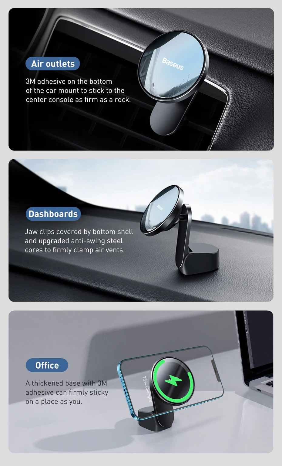 Baseus Car Mount Wireless Charger Magnetic Suction Dashboard Air Outlet Holder Wireless Charging for iPhone 12 13 Series