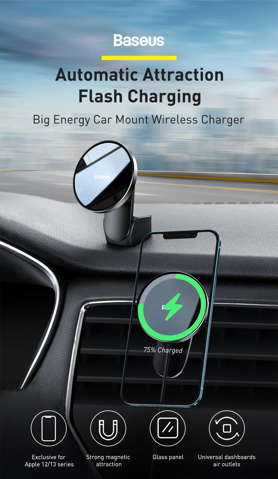 Baseus Car Mount Wireless Charger Magnetic Suction Dashboard Air Outlet Holder Wireless Charging for iPhone 12 13 Series