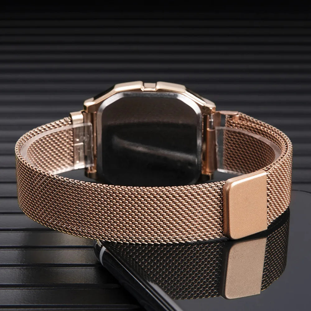 Simple Square LED Watch for Men Women Luxury Gold Men's Digital Watch Metal Mesh Strap Fashion Mens Electronic Watch Male Clock