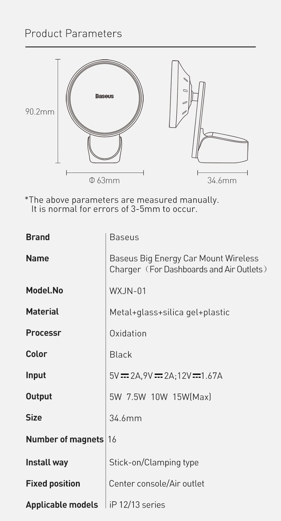 Baseus Car Mount Wireless Charger Magnetic Suction Dashboard Air Outlet Holder Wireless Charging for iPhone 12 13 Series