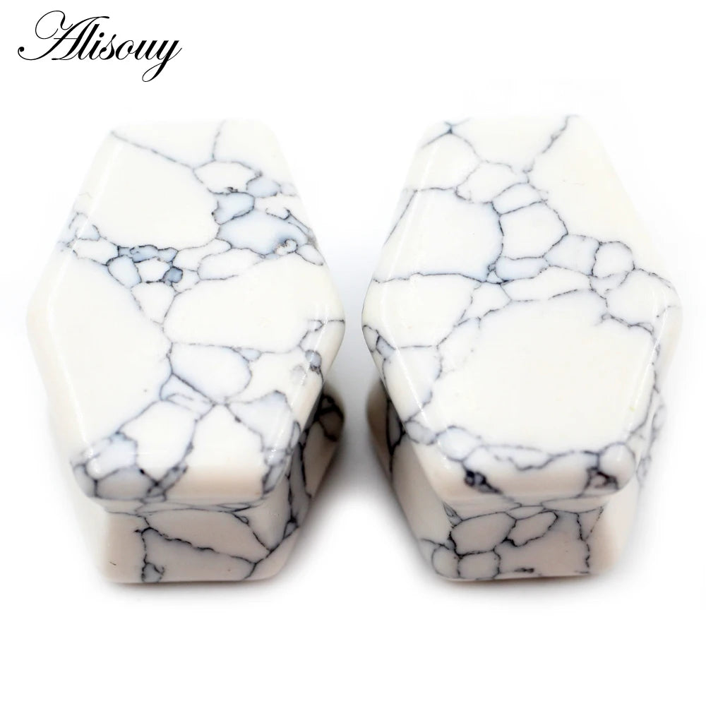 Alisouy 2pcs Women Hexagon Coffin Natural Stones Ear Tunnels Plug Flesh Expander Stretcher Gauges Earrings Body Piercing Jewelry