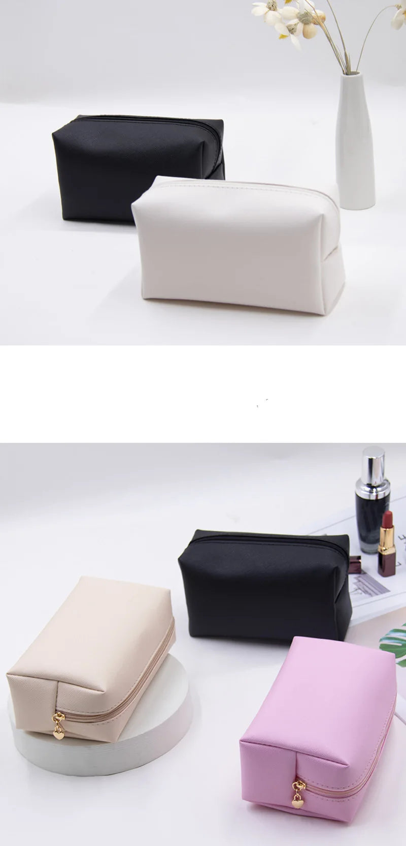 Women Cosmetic Bag Waterproof PU Leather Solid Color Makeup Pouch Travel Portable Wash Toiletry Storage Bag Organizer Purse 2025