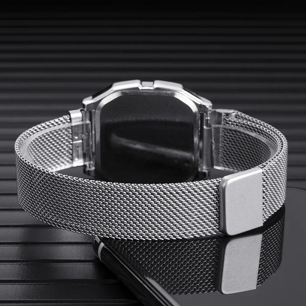 Simple Square LED Watch for Men Women Luxury Gold Men's Digital Watch Metal Mesh Strap Fashion Mens Electronic Watch Male Clock