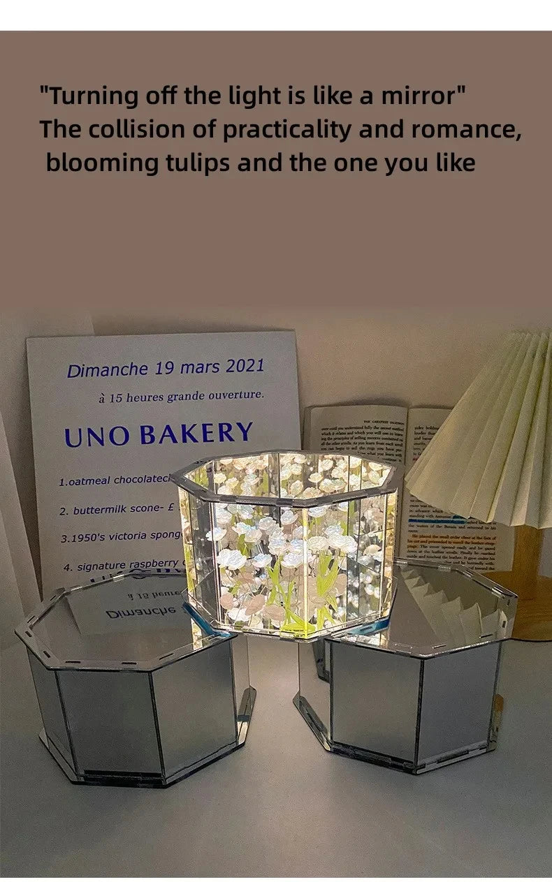 DIY Tulip Night Light Led Decorative Night Lamp Magic Cube Table Lamp and Mirror 2 in 1 for Birthday Gifts and Christmas Present