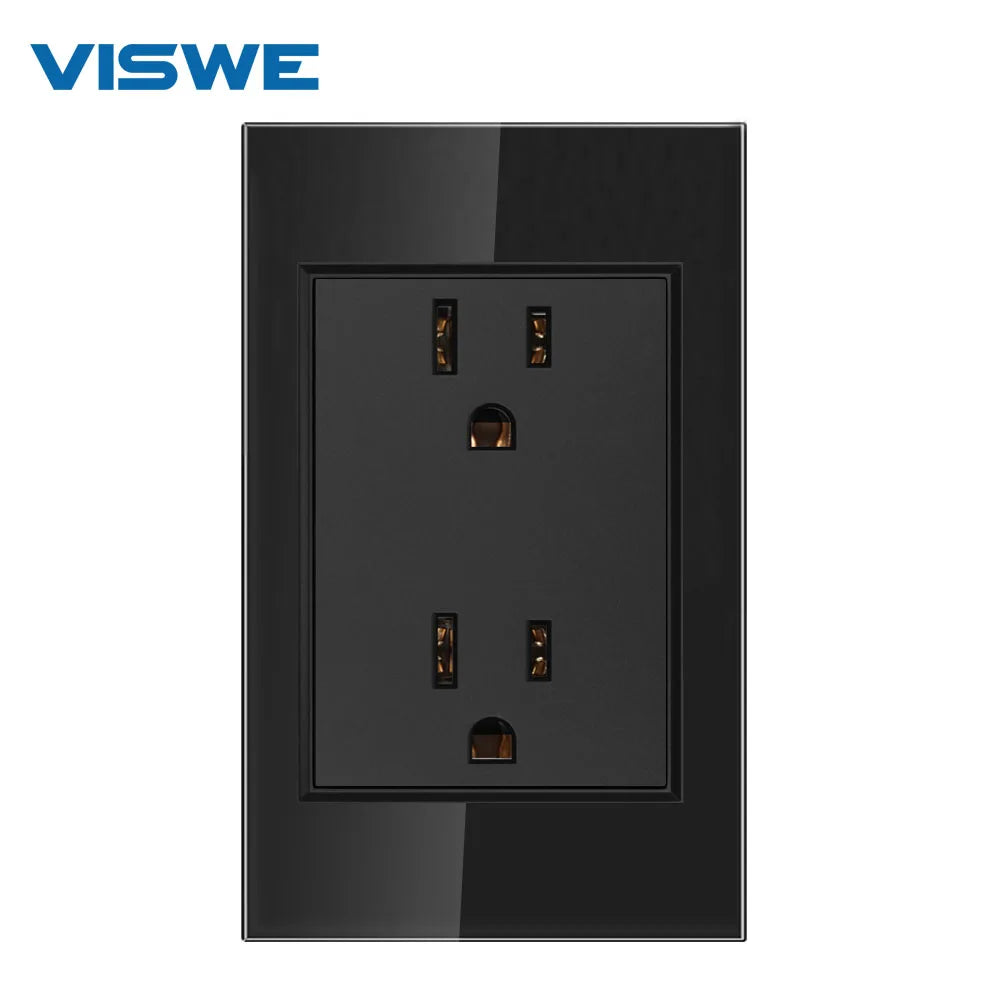 VISWE US Standard Electrical Plug, 118mm*72mm Tempered Glass Panel, American Power Outlet 15A Wall Socket