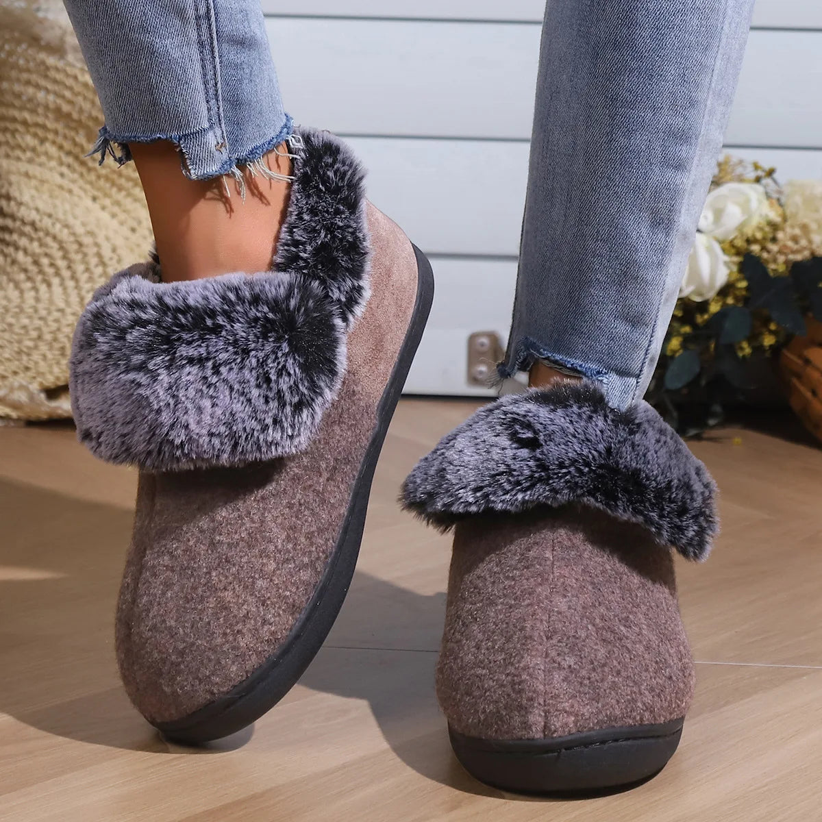 Bebealy Winter Plush Fur Women Slippers Fluffy Home Slippers Female Indoor Warm Closed Soft Non-slip High Ankle Fuzzy Slippers