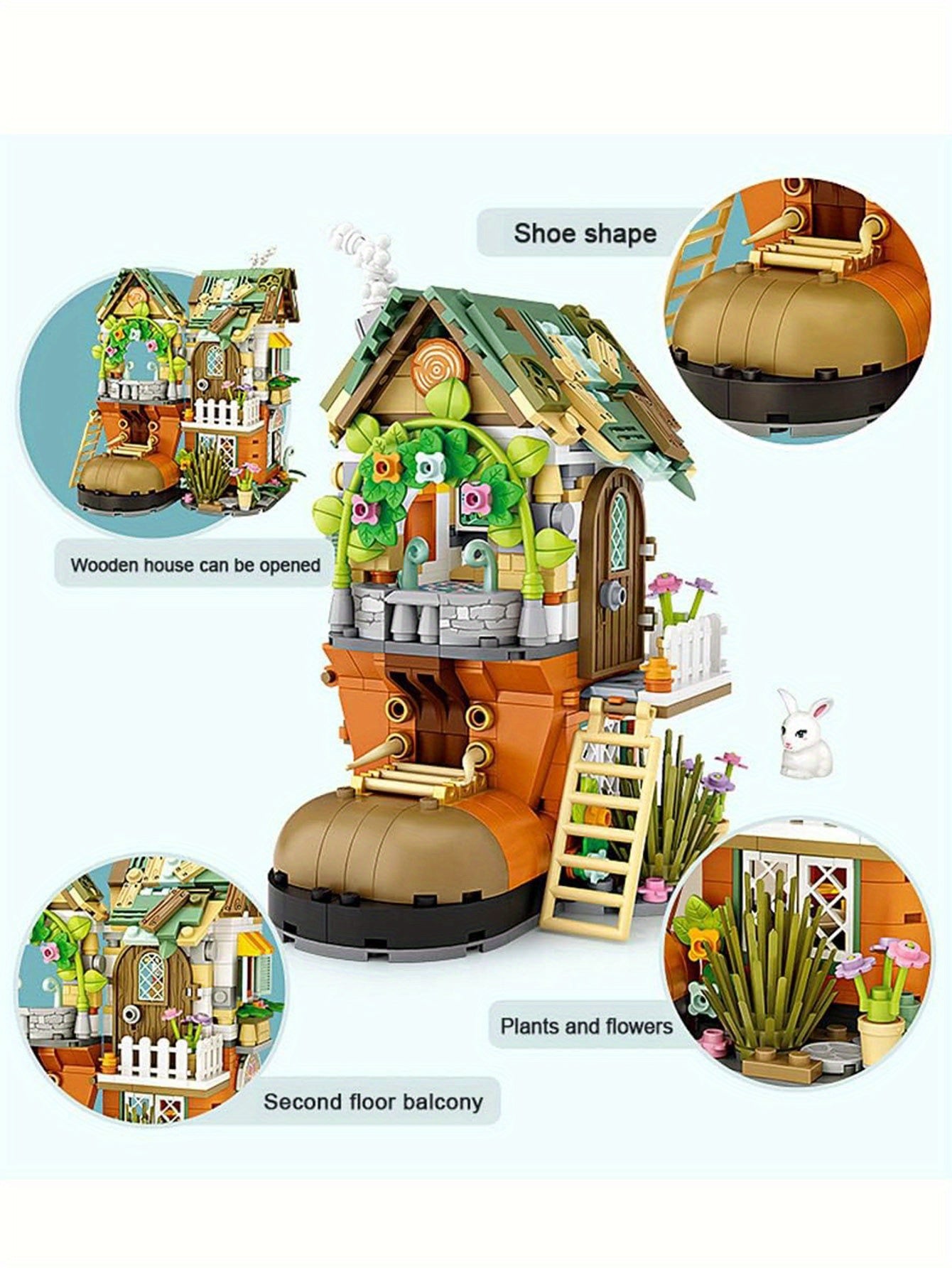 Construcción de cabañas de enanos con forma de zapato, escalera, jardín, minibloques, juguete de construcción para adultos, regalo de Navidad, decoración del hogar