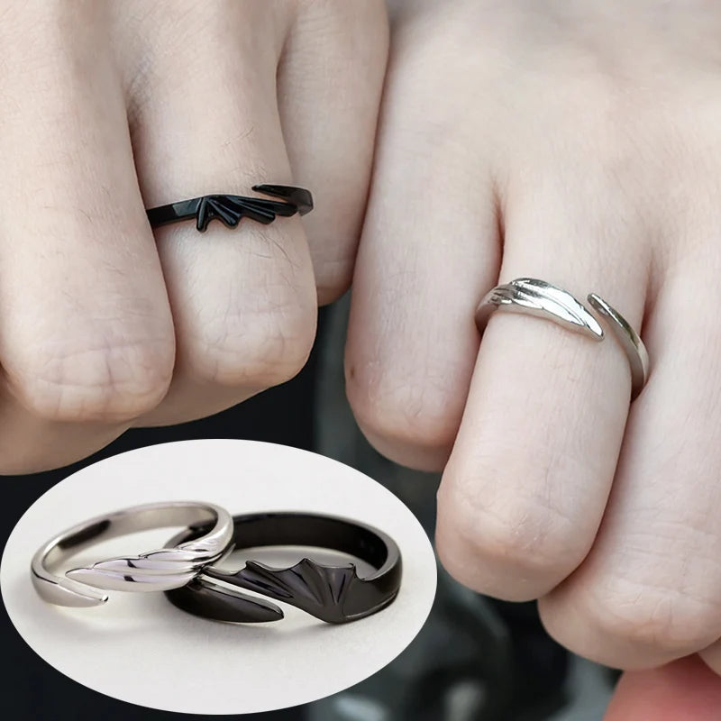 2Pcs Anime Angel Demon Couple Rings for Women Men Fashion Animal Adjustable Open Ring Promise Matching Couple Ring Party Gifts