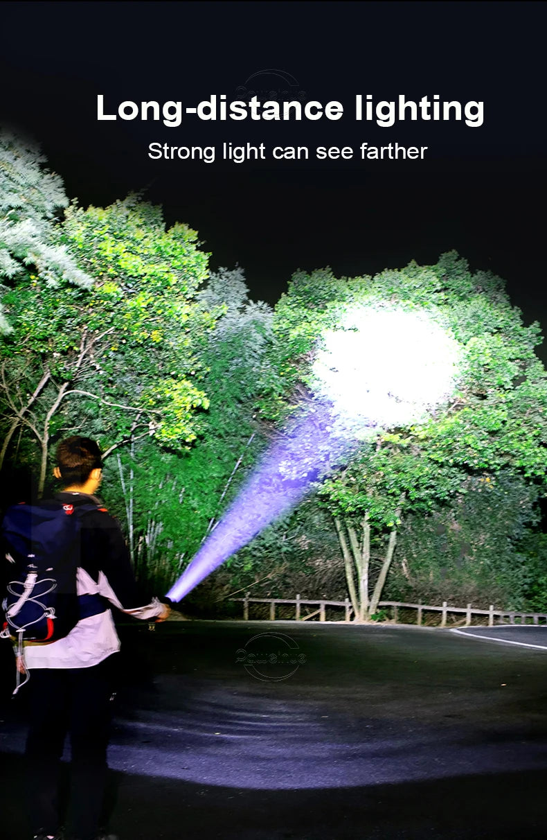 Linterna LED de alta potencia XHP 120, linterna con batería 18650 26650, recargable por USB, con zoom, para emergencias, acampadas al aire libre y pesca