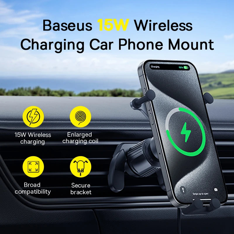 Soporte de teléfono para coche Baseus de 15 W, soporte de carga inalámbrica con ventilación de aire, soporte de teléfono por gravedad para iPhone 14, Samsung y Xiaomi