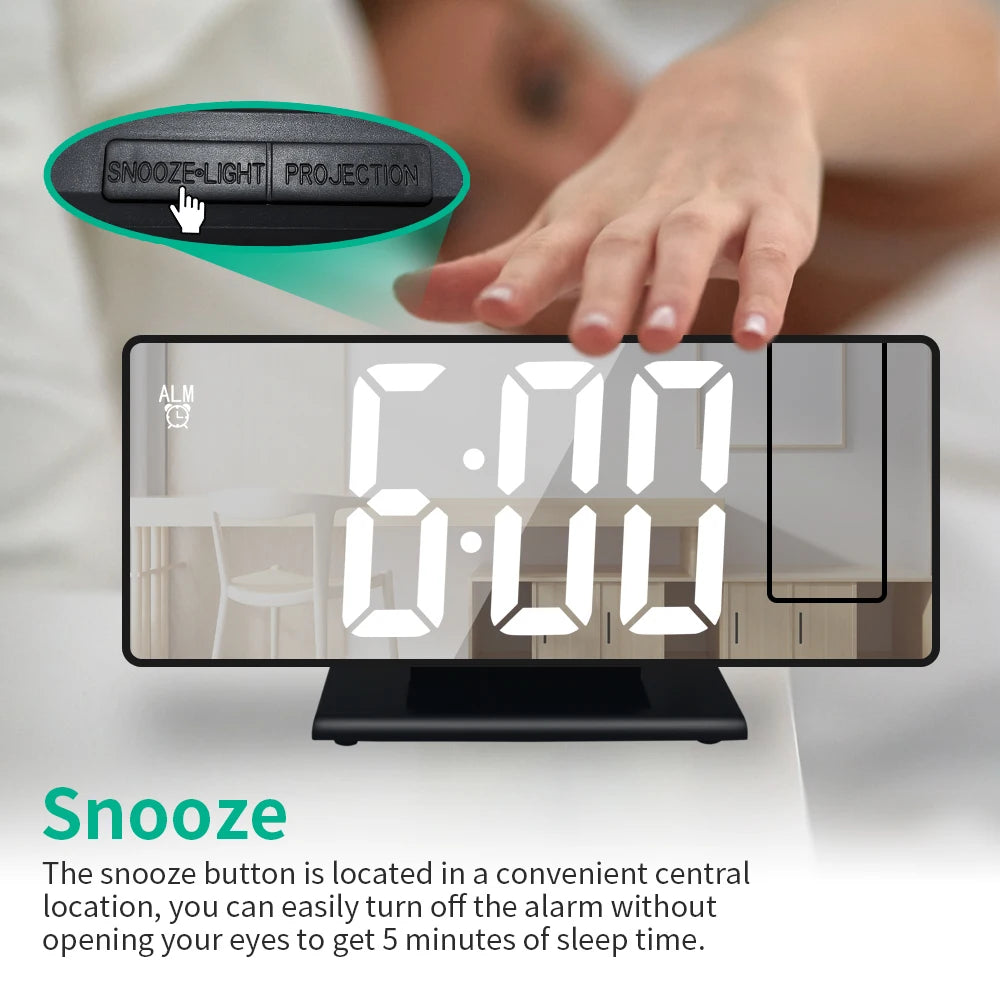 USB Powered Digital Alarm Clock 180° Arm Projection Alarm Clock Time Temperature Snooze Table Clock 12/24H Projector LED Clock