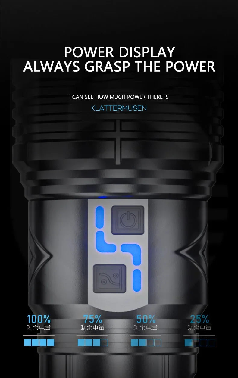 Linterna LED potente GT60 de 100 W, linterna táctica de largo alcance con pantalla de potencia, linterna con zoom recargable por USB para acampar al aire libre