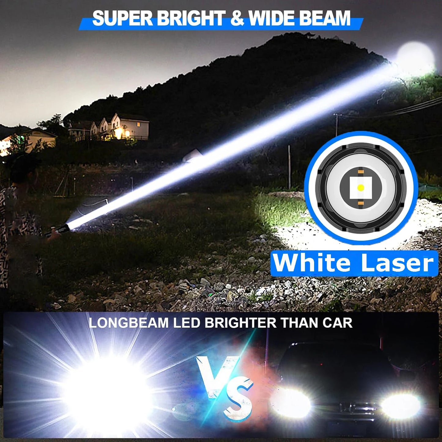 Linterna LED potente de 1000000 LM, recargable por USB, potente linterna táctica, luz de flash de alcance súper largo para pesca al aire libre