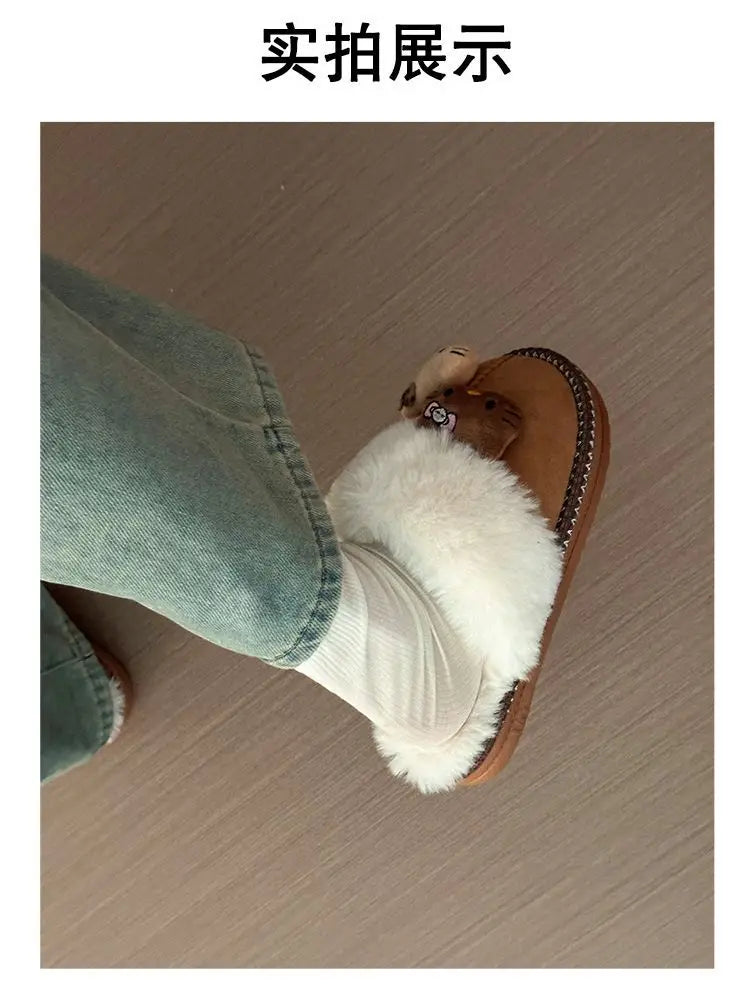 Pantuflas de invierno Sanrio Hello Kitty con bonitos dibujos animados, cálidas y cómodas, estilo Kawaii Y2k, antideslizantes, planas, para exteriores, para mujer