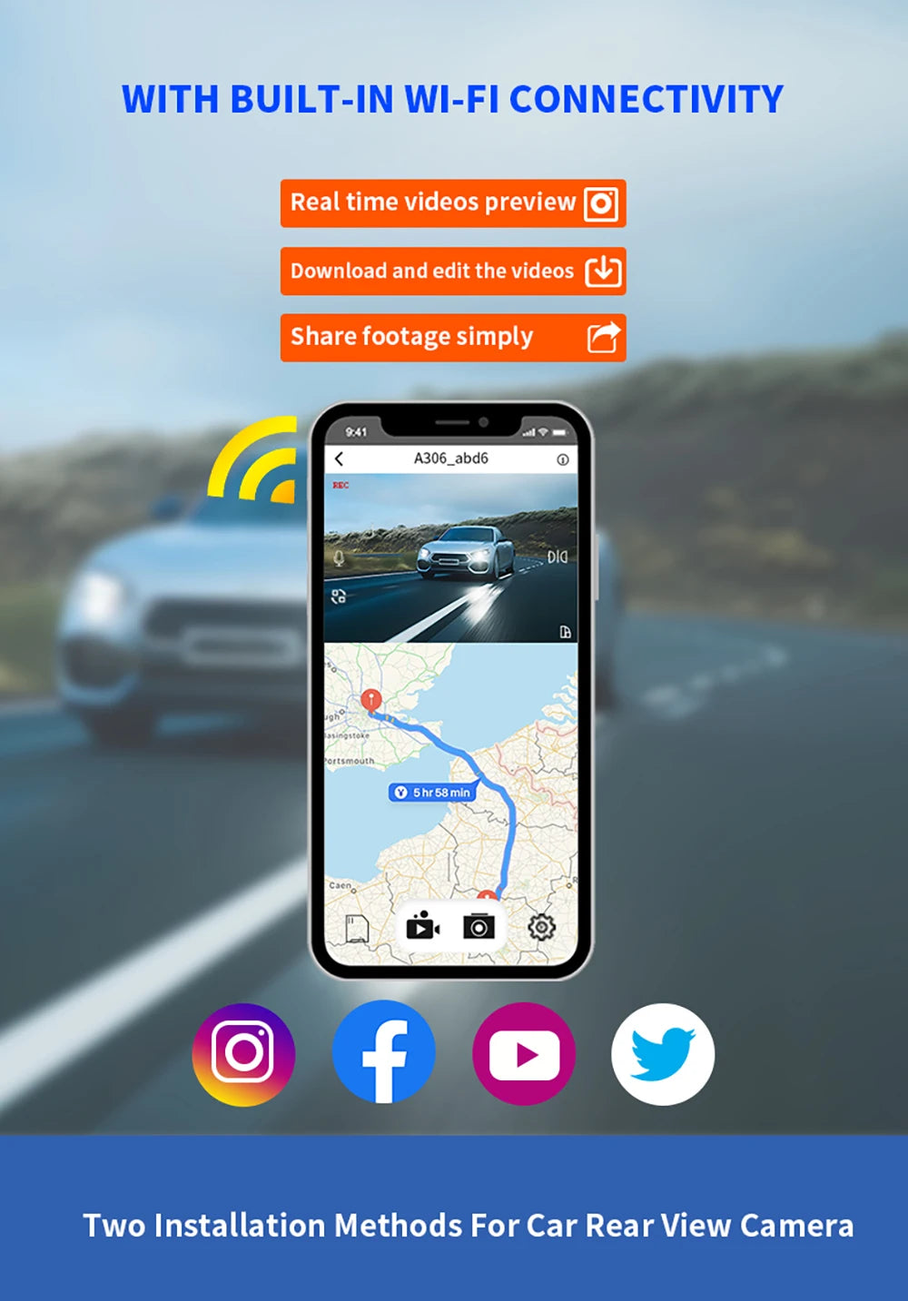 Grabadora de video DVR para automóvil de 4 lentes 1080P con control por aplicación WIFI, cámara de tablero de 360 grados, visión nocturna, cámara de visión trasera delantera izquierda y derecha para automóvil