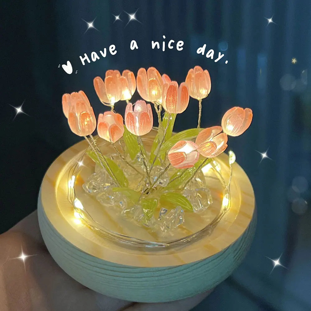 Artificial Tulip Flower Night Light Handmade DIY Bedside Lamp LED Night Lamp Bedroom Decor Christmas Birthday Gifts Table Lamp