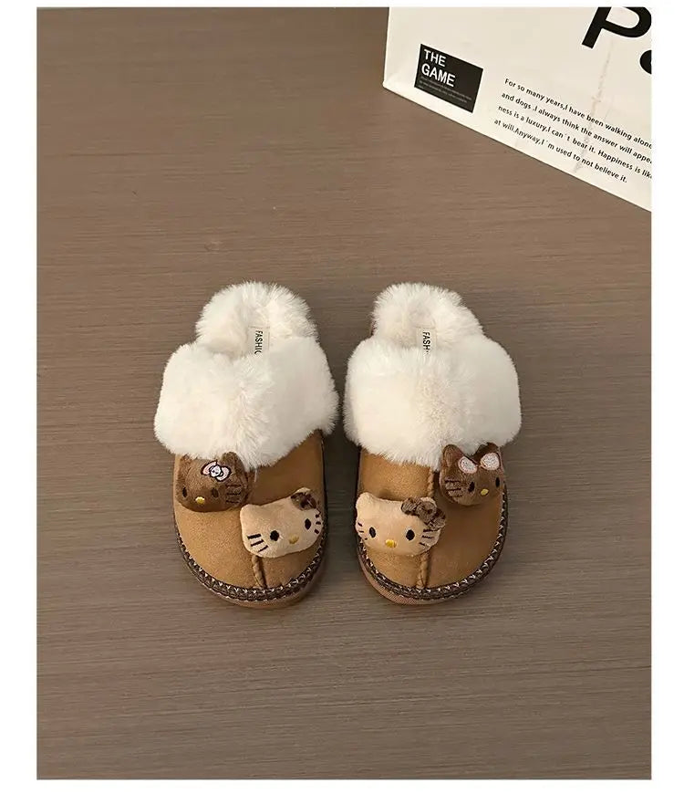 Pantuflas de invierno Sanrio Hello Kitty con bonitos dibujos animados, cálidas y cómodas, estilo Kawaii Y2k, antideslizantes, planas, para exteriores, para mujer