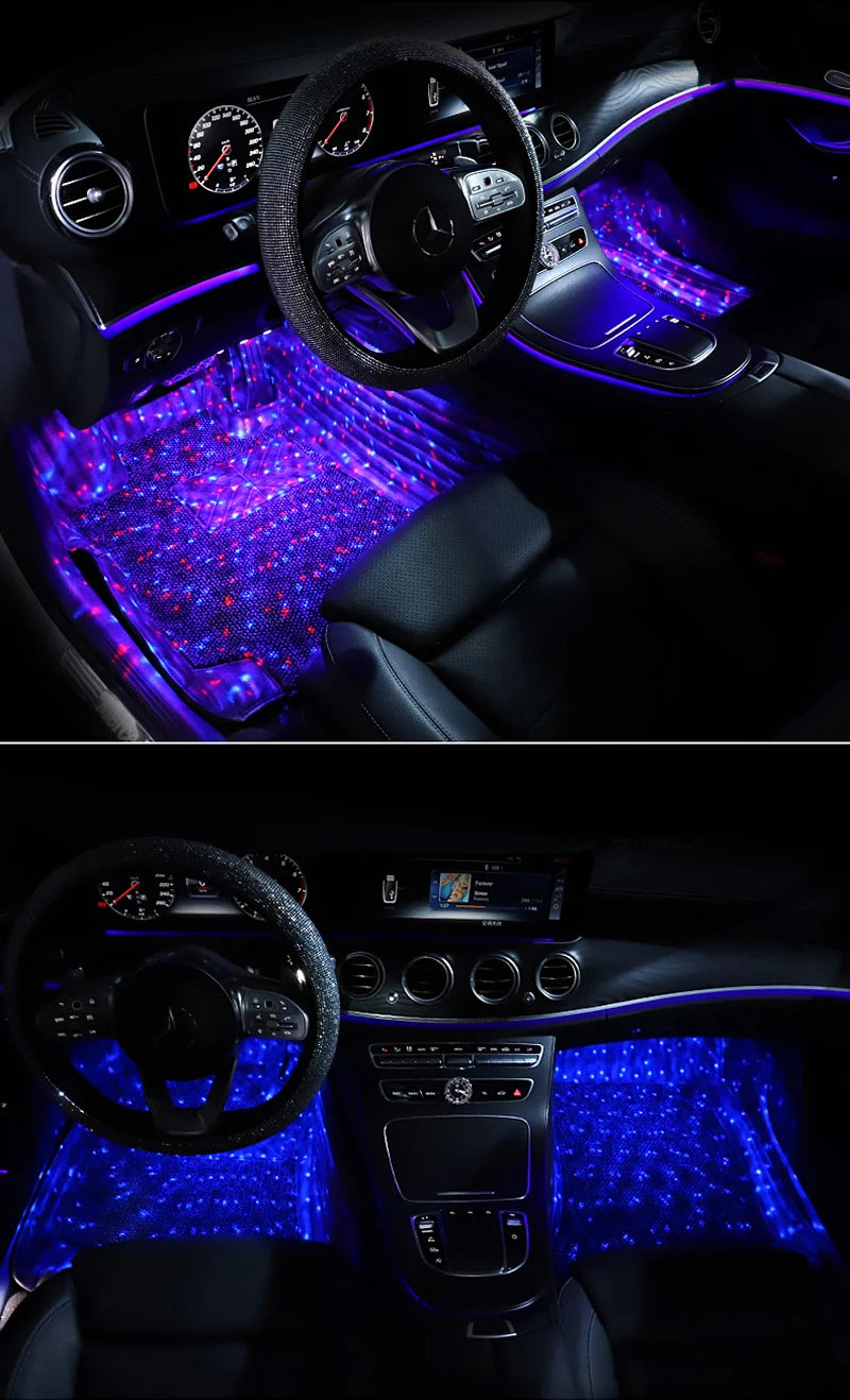 Niscarda 4pcs Car LED Starry Foot Light USB Atmosphere Ambient DJ Mixed Colorful Music Rhythm Sound Voice Control Laser Lamp