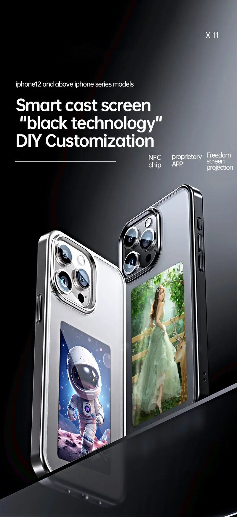 NFC Function Phone Case 3.7 Inches Screen Display Mob for IPhone 13 14 15 Wireless Transmission Screen Projection Phone Case