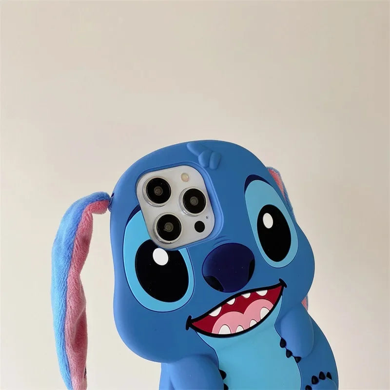Stitch 3D Silicone Cartoon Phone Case for IPhone 14 13 12 11 15 Pro Max Fluffy Fur Plush Ear Sleeves Gift for Girls and Boys