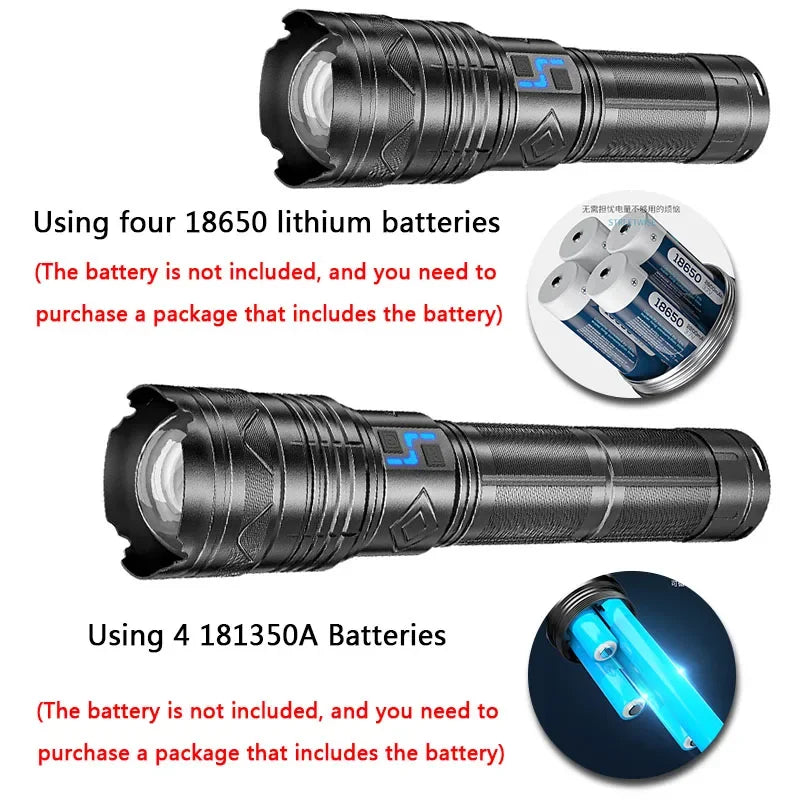 Linterna LED potente GT60 de 100 W, linterna táctica de largo alcance con pantalla de potencia, linterna con zoom recargable por USB para acampar al aire libre