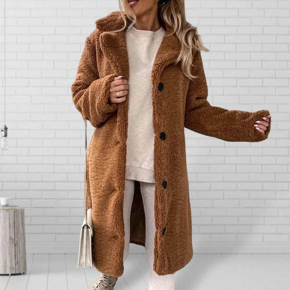 Trendy Women Overcoat Autumn Winter Women Trench Coat Long Style Pure Color Single-breasted Teddy Jacket Windproof