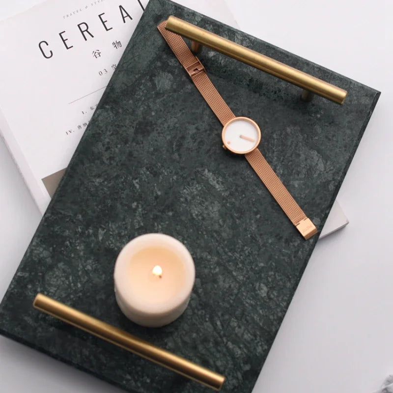 Nordic Home Decor Light Luxury Natural Marble Jewelry Storage Tray with Gold Handle Trinket Ring Plate Wedding Gift