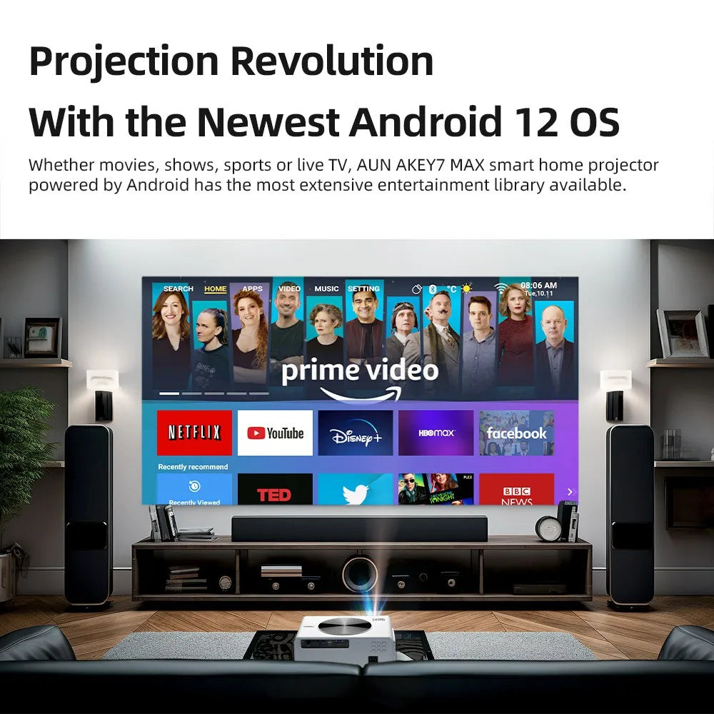 Proyector AUN Full HD de alto rendimiento Android TV 4K Cine en casa 3D Enfoque automático eléctrico 200 pulgadas Cine en casa WIFI AKEY7 MAX