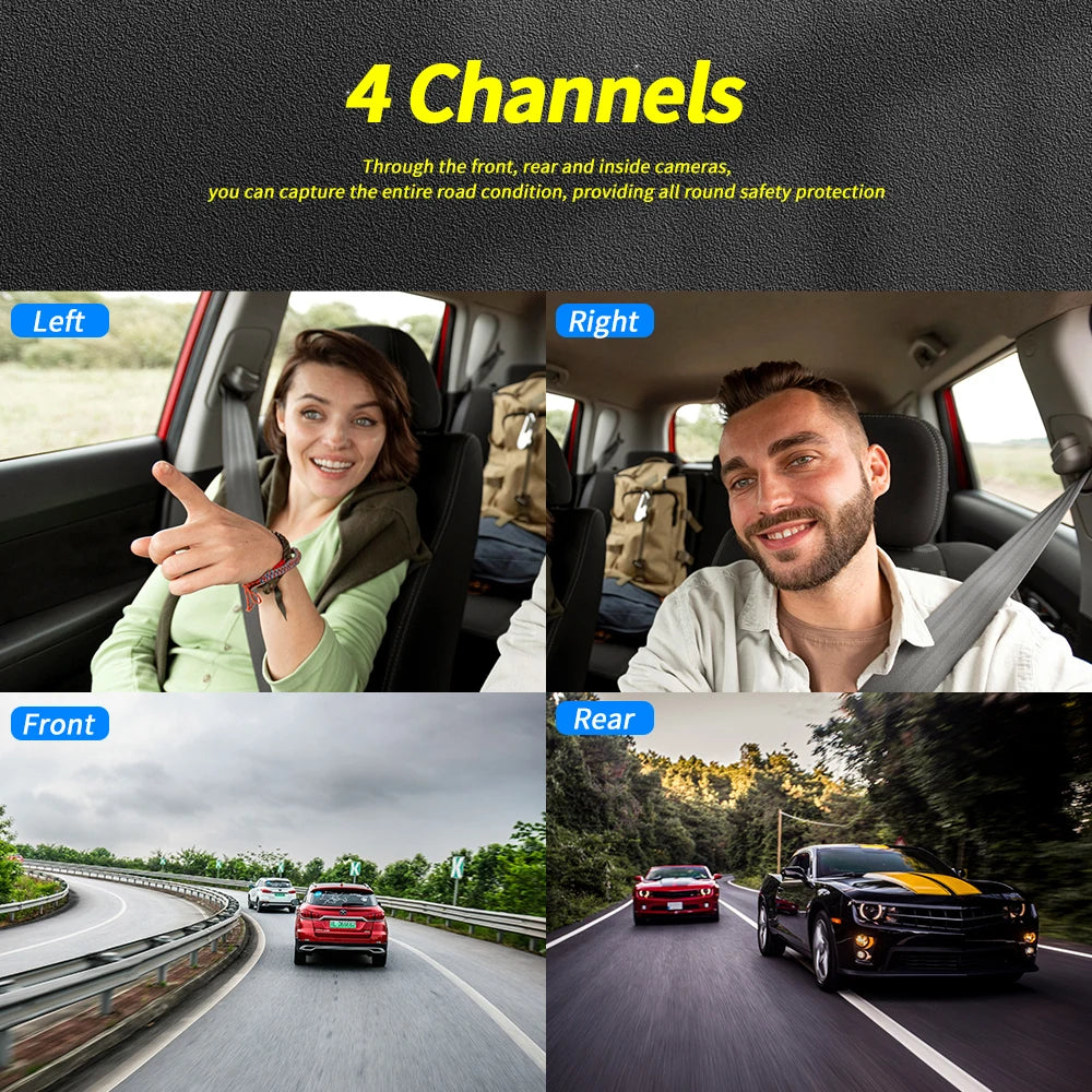Grabadora de video DVR para automóvil de 4 lentes 1080P con control por aplicación WIFI, cámara de tablero de 360 grados, visión nocturna, cámara de visión trasera delantera izquierda y derecha para automóvil