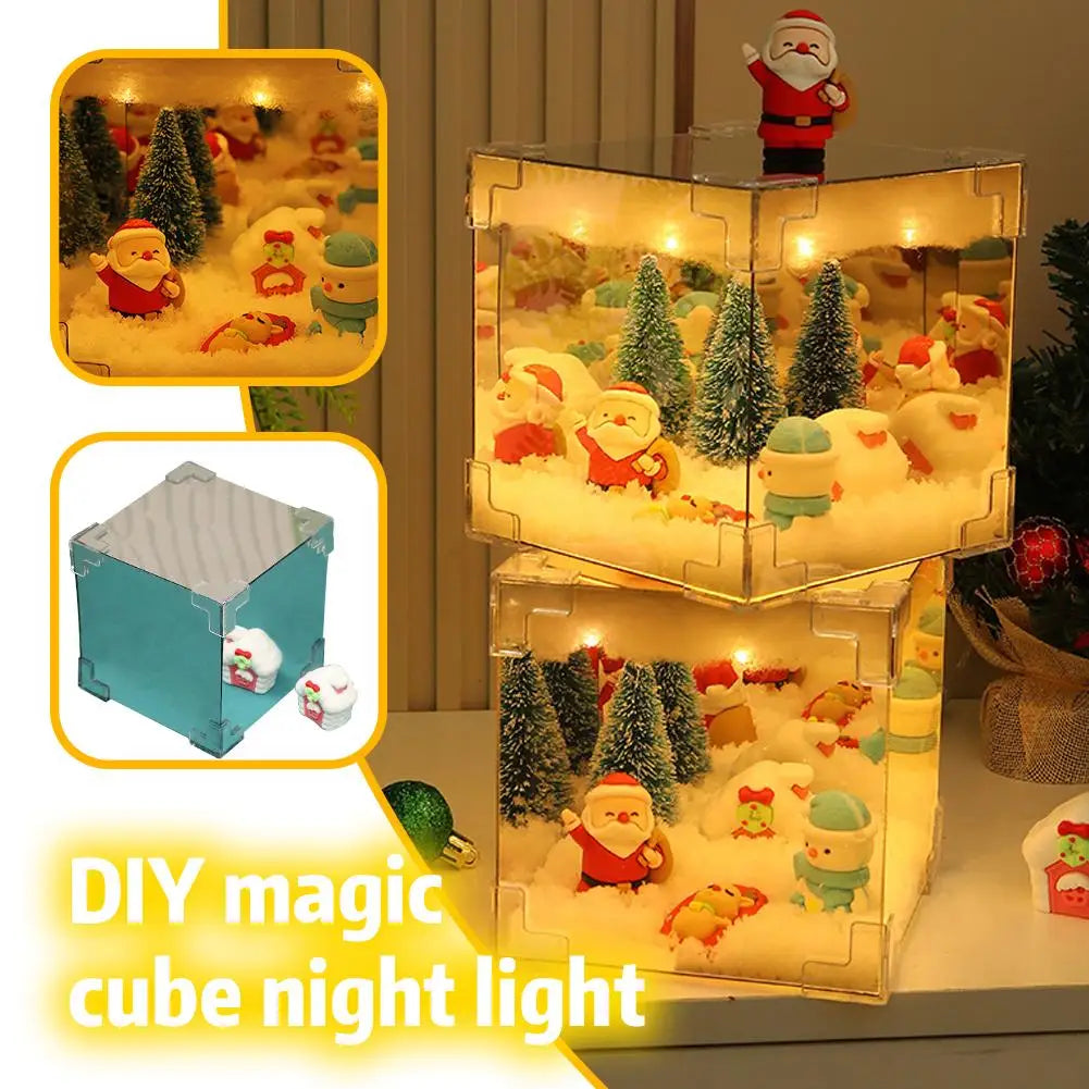 Christmas DIY Decorations Mirror LED Cube Lamp 3D Santa Claus Snowman Tree Christmas Lights DIY Night Light Tabletop Ornament