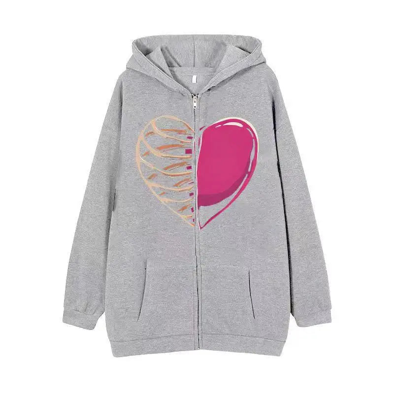 American retro street dark skeleton black fashionable loose zipper hooded sweatshirt for men and women Harajuku casual