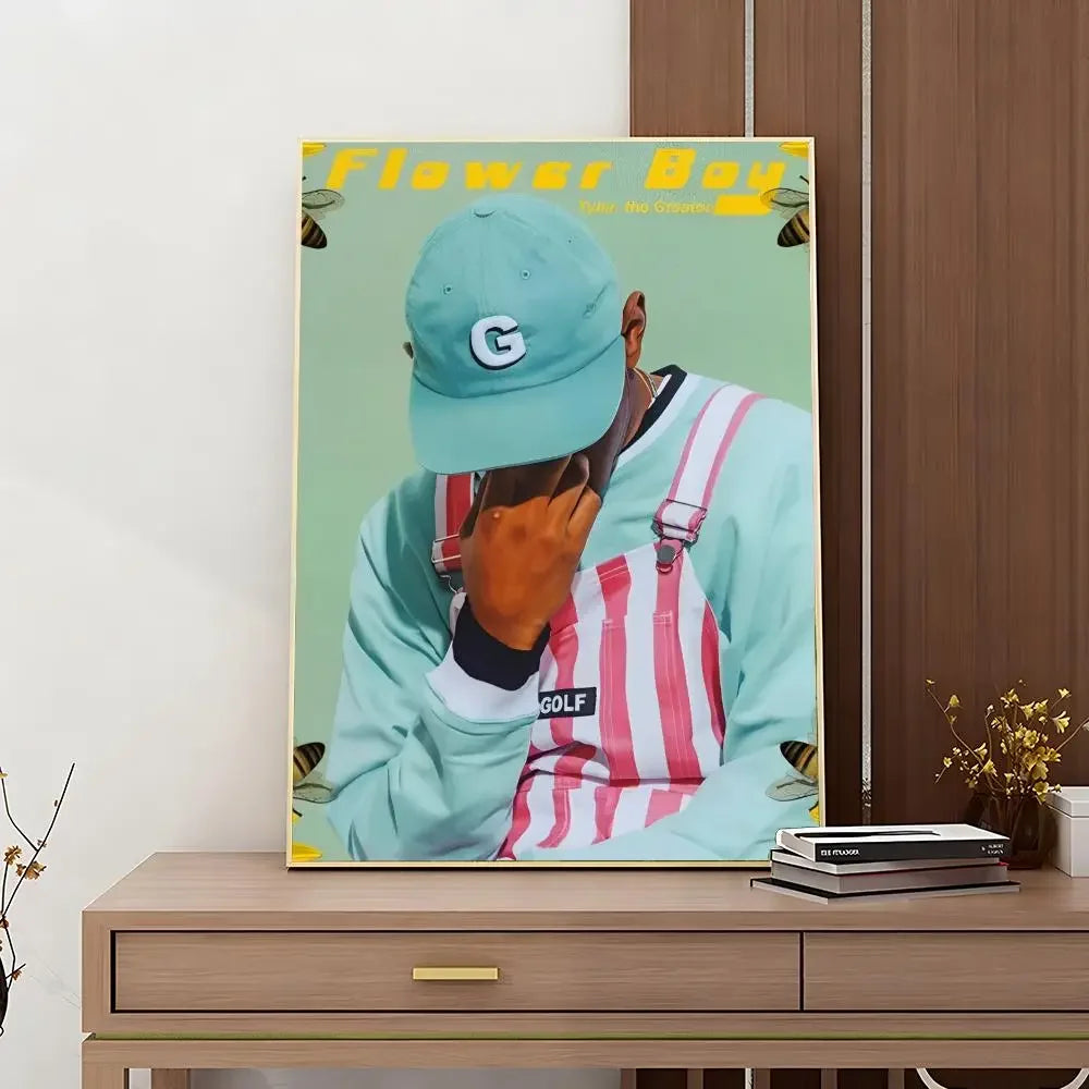 1 póster con impresión retro de Tyler The Creator, cantante y rapero, adhesivo HD resistente al agua para dormitorio, entrada, hogar, sala de estar, decoración de pared