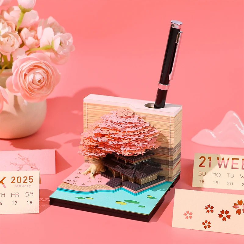 Tree Desk Calendar With LED Lights 2025 Calendar Memo Pad Creative Desk Calendar DIY Notes Notepad 3D Art Calendar Paper Carving