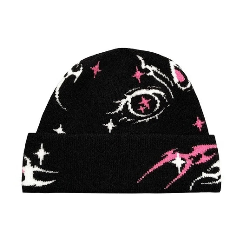 Gorro de punto de lana acrílica con patrón gótico Y2K para mujer, gorro de jacquard a prueba de viento, cálido, estilo hip hop, grunge, informal, para exteriores