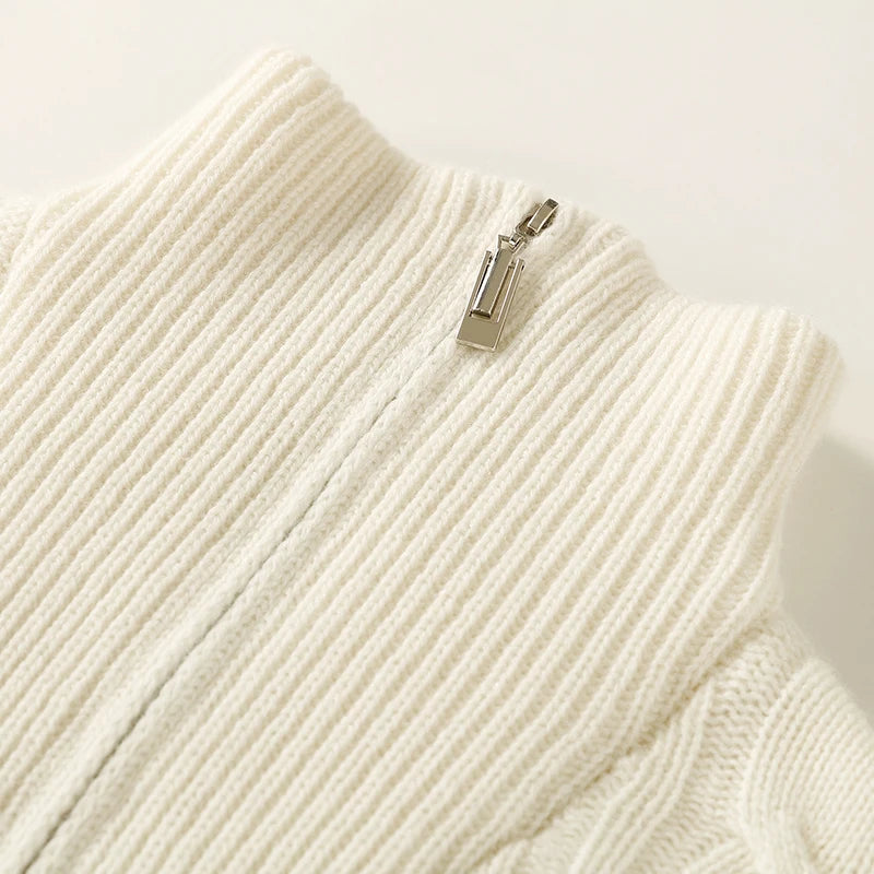Thick Sweater Women High Quality100% Cashmere Warm Winter Long Sleeve Top Turn-down Collar Zipper Vintage Pullover