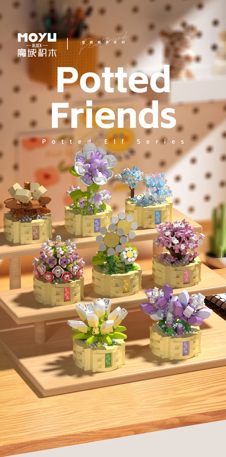 Potted Flower Basket Building Blocks Creative Bonsai Plant Bouquet Model Bricks Diy Home Decoration Kids Toy Girls Holiday Gifts