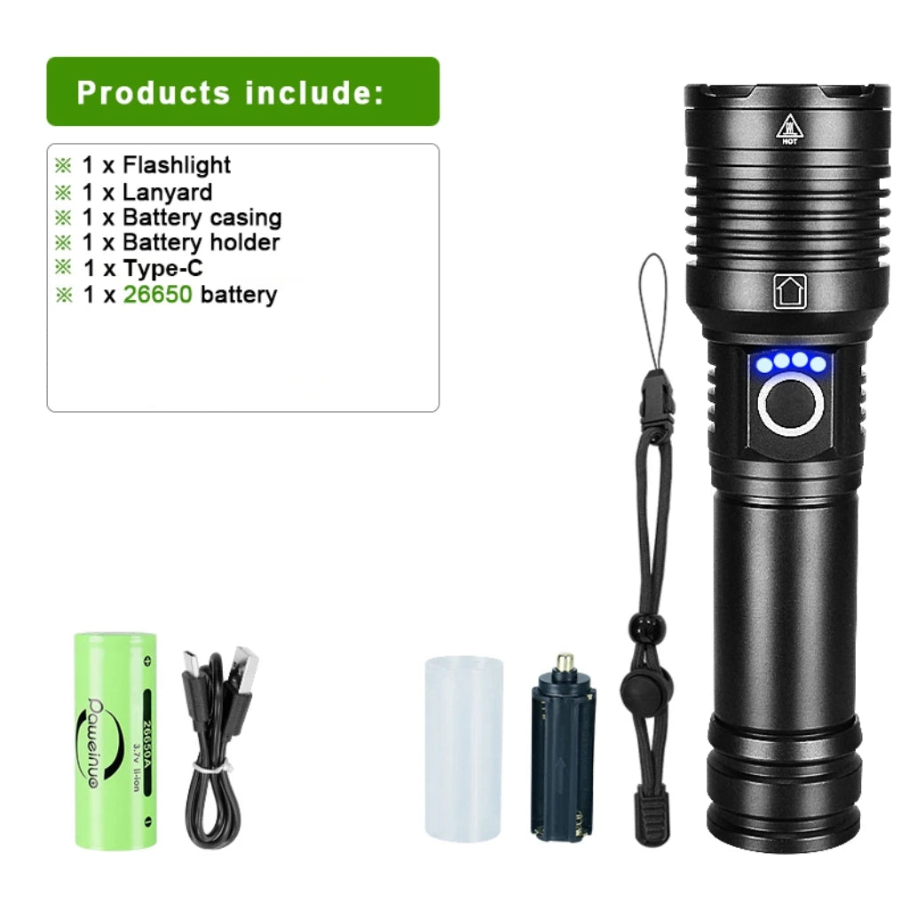 Linterna LED de alta potencia XHP 120, linterna con batería 18650 26650, recargable por USB, con zoom, para emergencias, acampadas al aire libre y pesca
